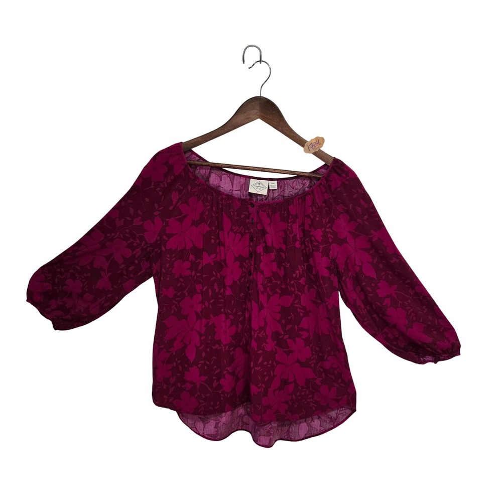 St Johns Bay Womens PXL Magenta Floral Rayon Peasant Blouse 3/4 Sleeve Top